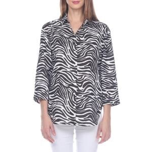 Hinson Wu Halsey 3/4 Sleeve Luxe Linen Zebra Printed Oversize Shirt Black White